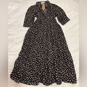 NATURAL LIFE Rebecca Midi Dress Black Cream Roses | Floral Long Sleeve Dress NWT